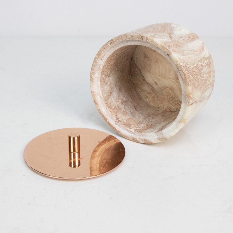 Natural Marble Storage Container with Rose Gold Electroplated Stainless Steel Lid - Open State Desktop Organizer