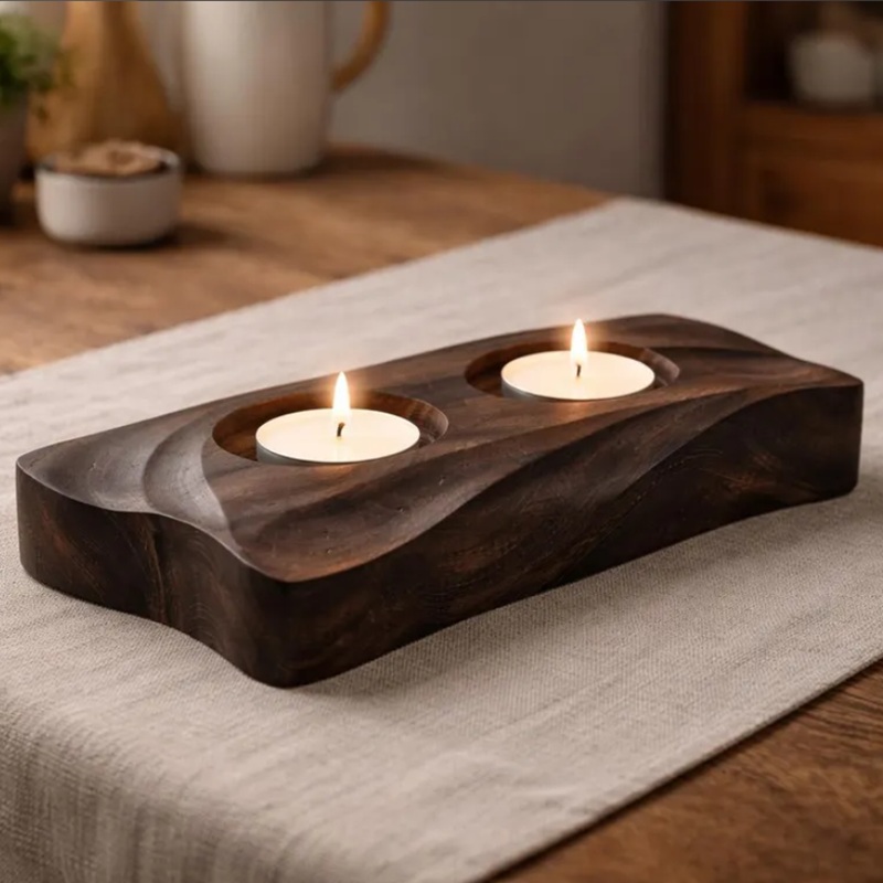 Dark wooden 2-hole wave-pattern candle holder with burning white tea lights, placed on a linen placemat for cozy home ambiance