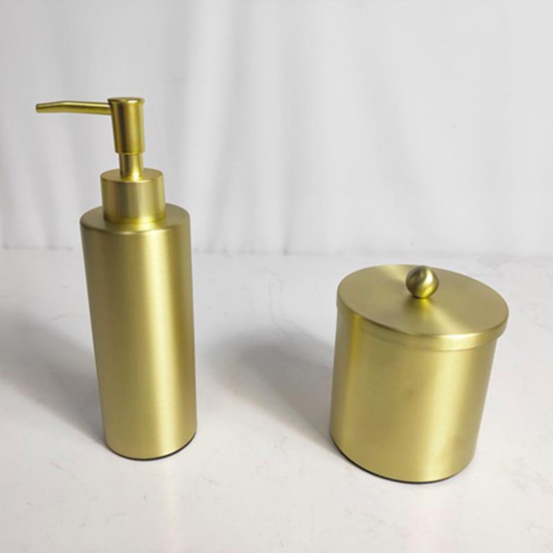 Japanese gold bathroom accessory set - liquid soap dispenser and round storage canister, elegant vanity decor